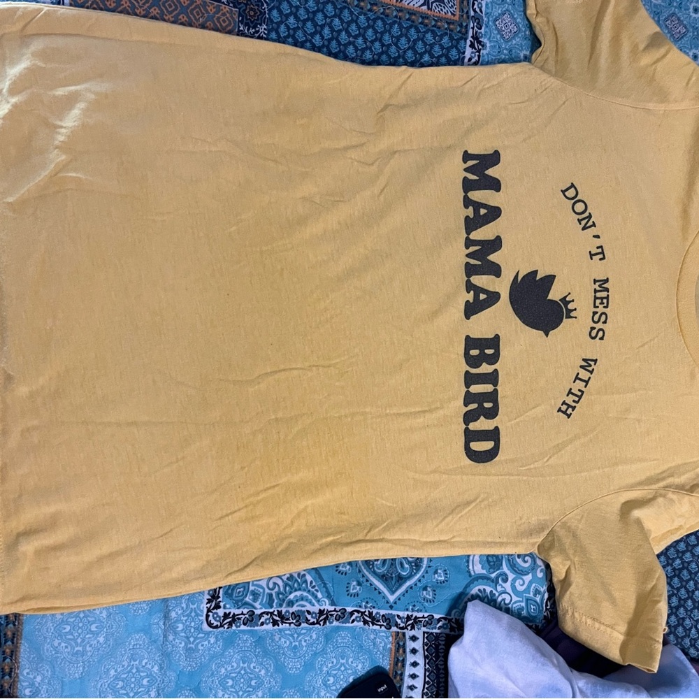 Yellow Graphic Tee with 'Mama Bird' Print